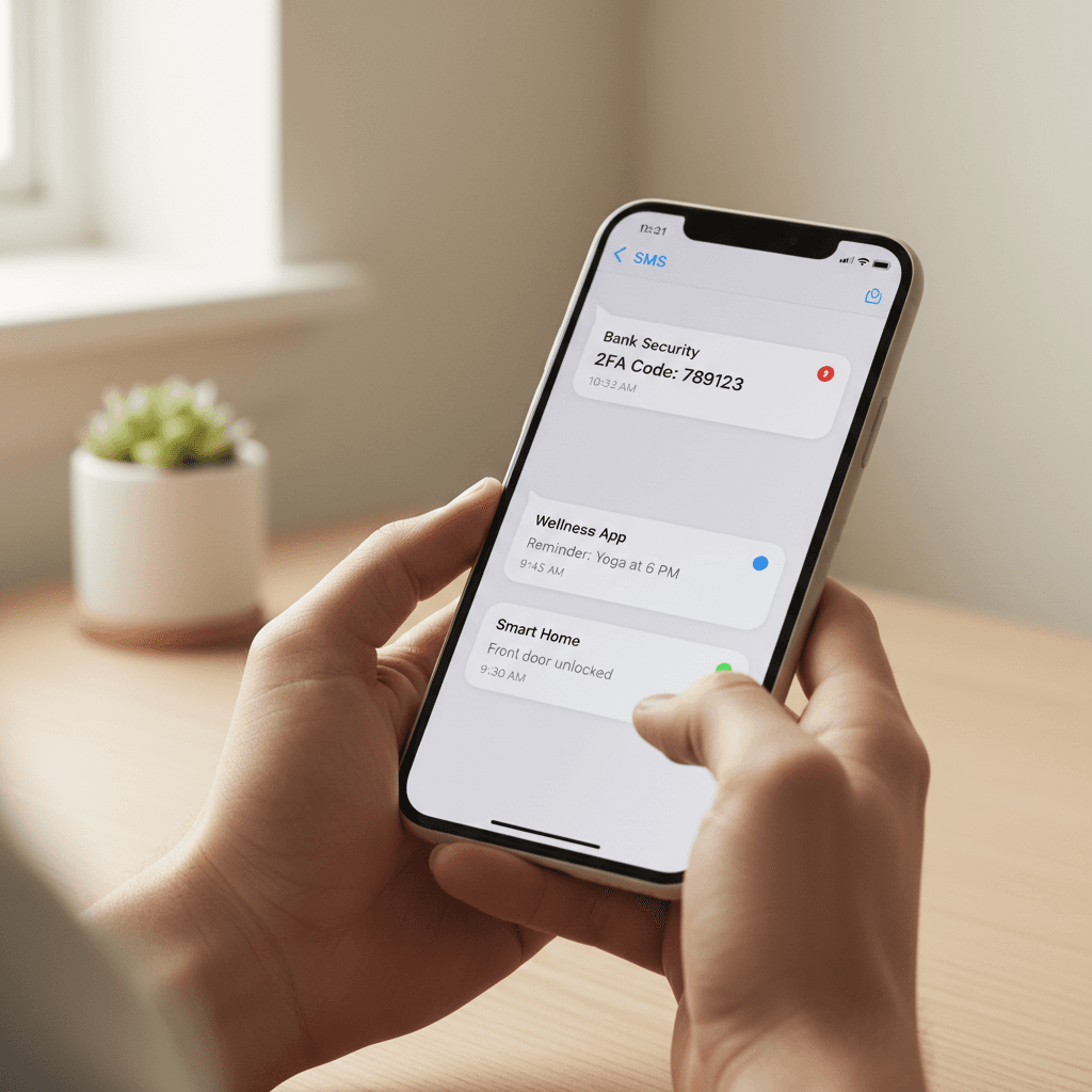 Smartphone displaying virtual SMS inbox with multiple text message notifications in a minimalist home office setting