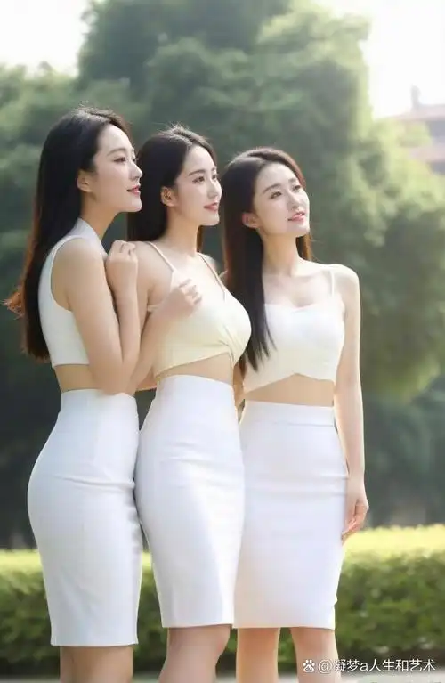 Three women in white crop tops and pencil skirts standing together against a green background.