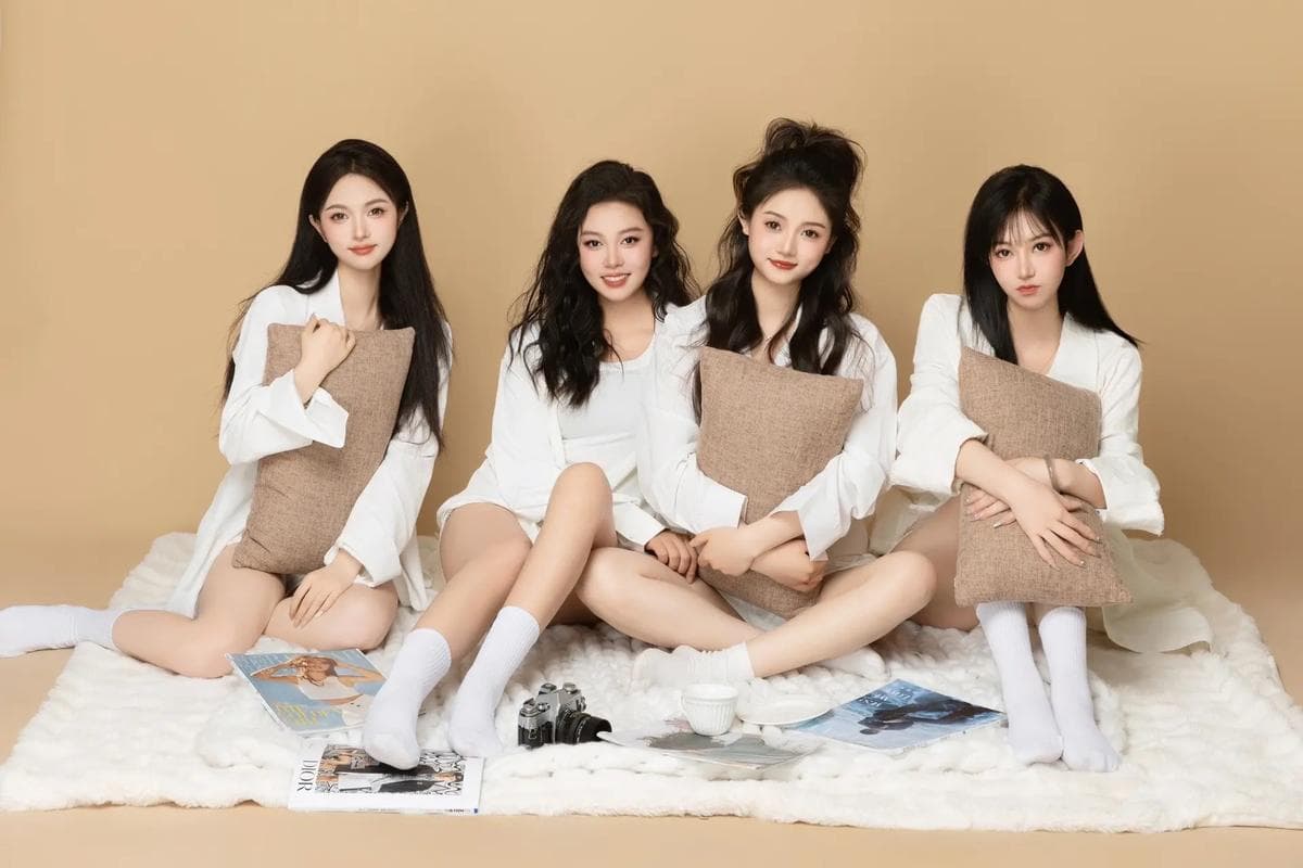 Four women in white shirts sit on a white rug holding brown pillows with magazines.