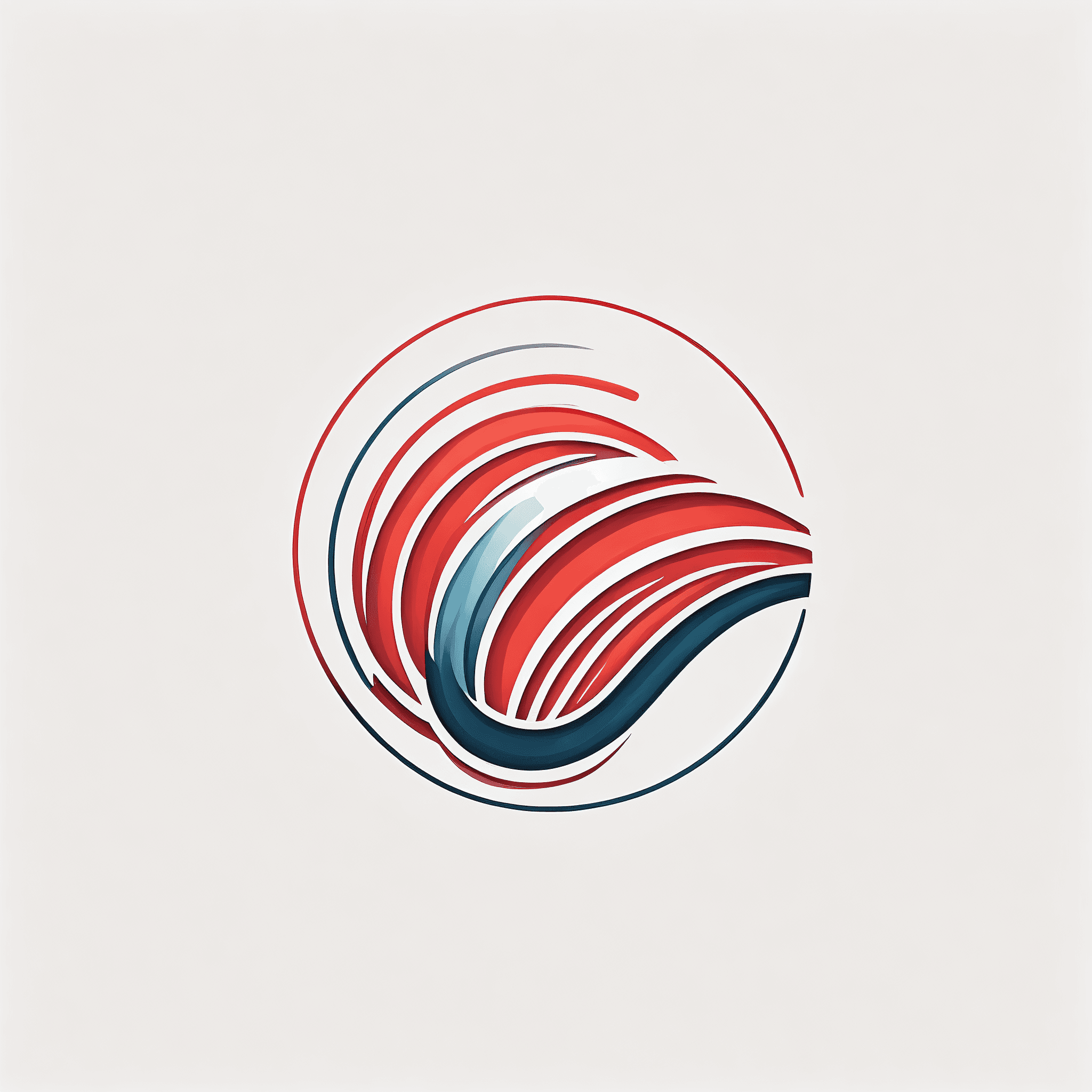 Stylized circular emblem featuring red, white, and blue curved lines in a dynamic wave pattern.