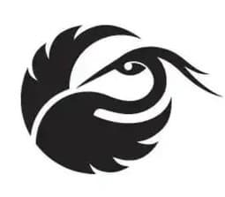 Minimalist black logo of a stylized crane with wings curved into a circular silhouette.